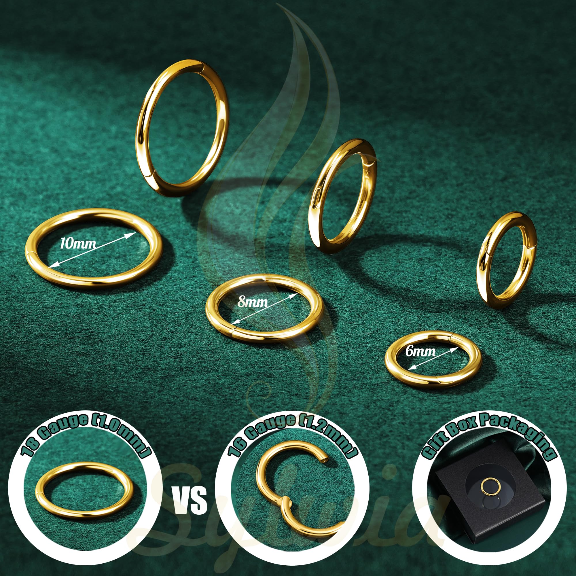 SYLWIA 14K Solid Gold 18g/16g Nose Rings, 6/8/10mm Hinged Segment Septum Rings, Real Gold Lip Tragus Helix Cartilage Conch Earring Hoops Piercing for Women Men