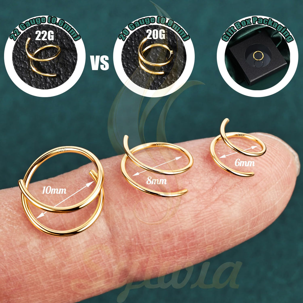 SYLWIA 14k Solid Gold Double Hoop Nose Ring Hoop, Handmade 22g/20g Thin Nose Piercing Jewelry, 6/8/10mm Diameter Hypoallergenic Real Gold Nose Rings for Women Men